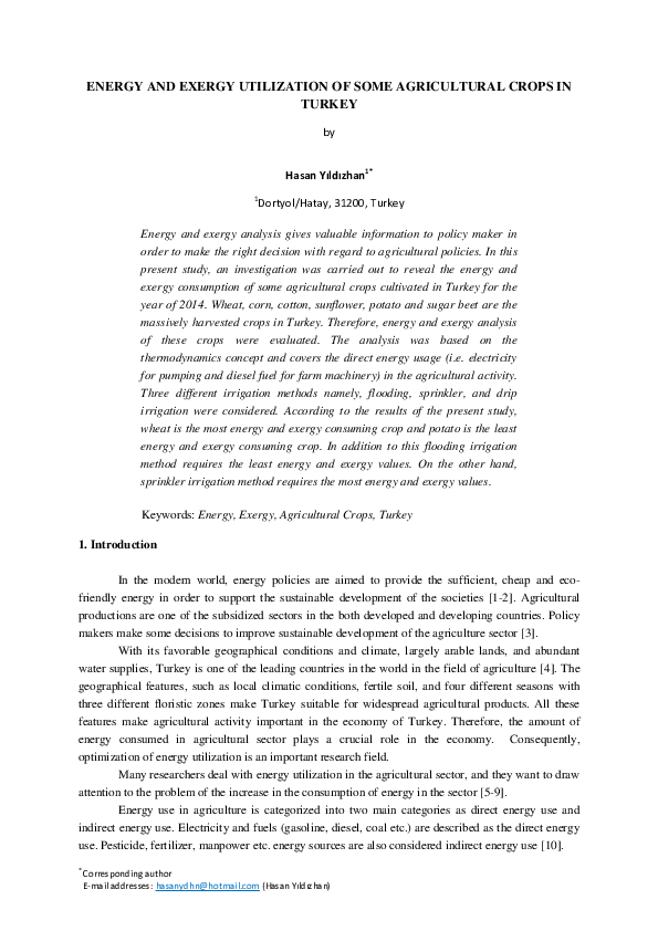 (PDF) Energy and exergy utilization of some agricultural crops in Turkey