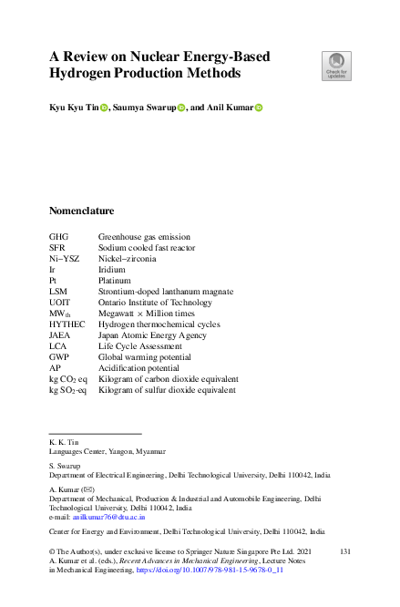 (PDF) A Review on Nuclear Energy-Based Hydrogen Production Methods