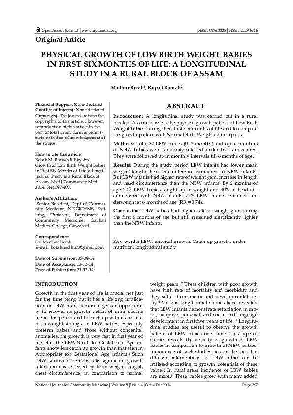(PDF) PHYSICAL GROWTH OF LOW BIRTH WEIGHT BABIES IN FIRST SIX MONTHS OF ...