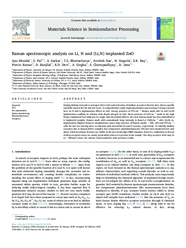 (PDF) Raman spectroscopic analysis on Li, N and (Li,N) implanted ZnO