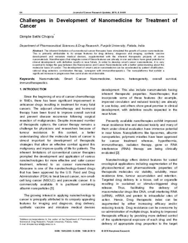 (PDF) Challenges in Development of Nanomedicine for Treatment of Cancer