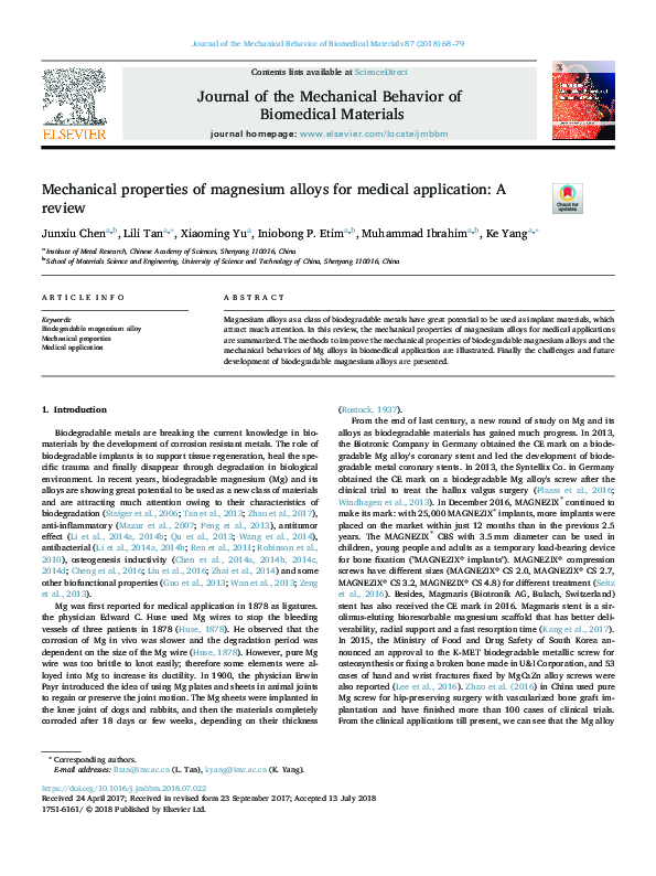(PDF) Mechanical properties of magnesium alloys for medical application ...