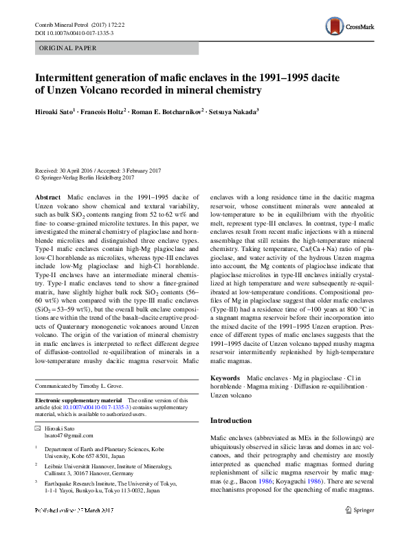 (PDF) Intermittent generation of mafic enclaves in the 1991–1995 dacite ...
