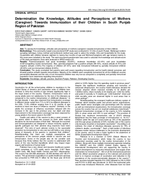 (PDF) Determination the Knowledge, Attitudes and Perceptions of Mothers ...