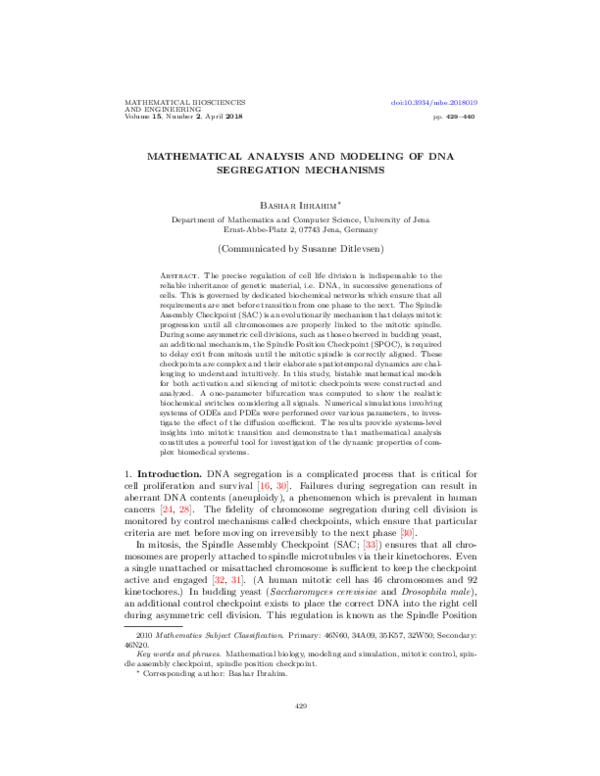 (PDF) Mathematical analysis and modeling of DNA segregation mechanisms
