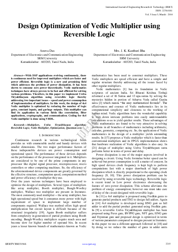 (PDF) Design Optimization of Vedic Multiplier using Reversible Logic