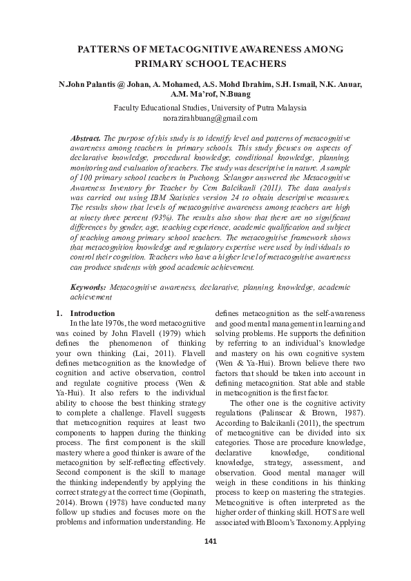 (PDF) Patterns of Metacognitive Awareness Among Primary School Teachers