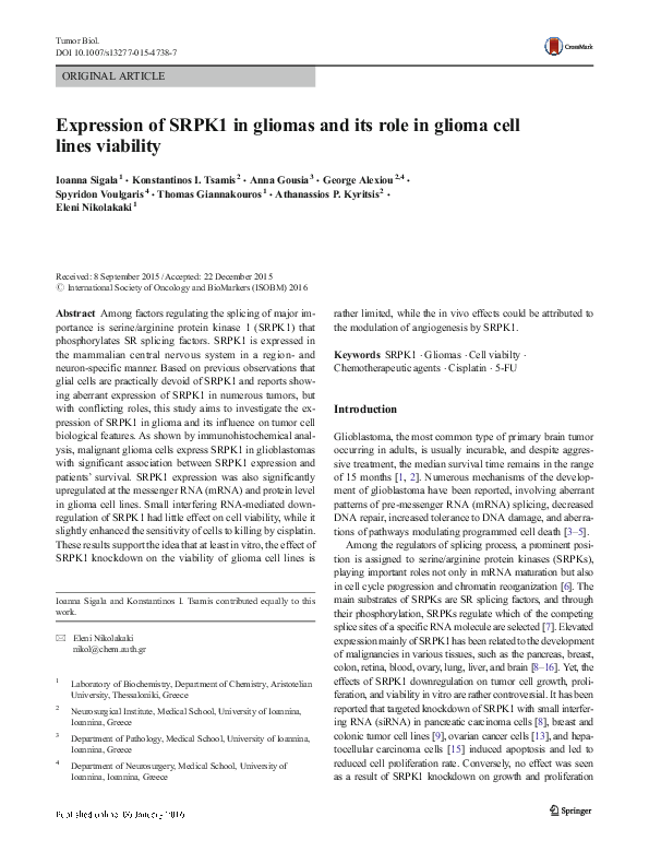 (PDF) Expression of SRPK1 in gliomas and its role in glioma cell lines ...