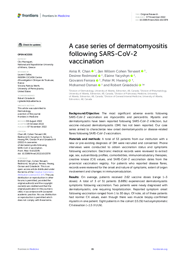 (PDF) A case series of dermatomyositis following SARS-CoV-2 vaccination