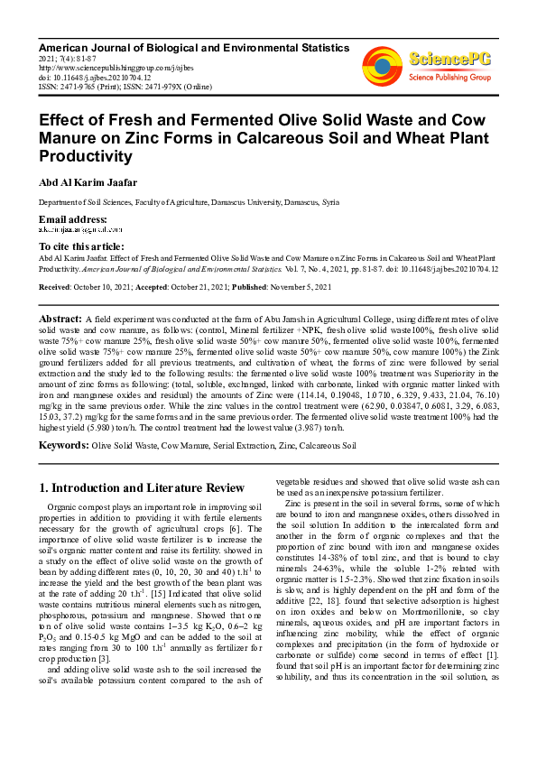 (PDF) Effect of mixing ratio of Olive Solid Waste and Cow manure on ...