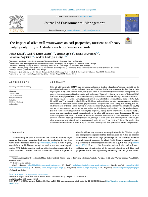 (PDF) The impact of olive mill wastewater on soil properties, nutrient ...