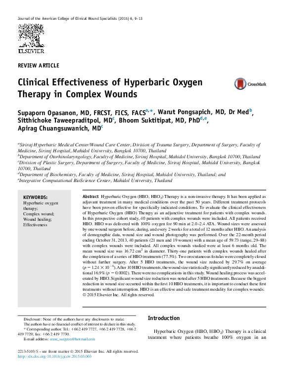 (PDF) Clinical Effectiveness of Hyperbaric Oxygen Therapy in Complex Wounds