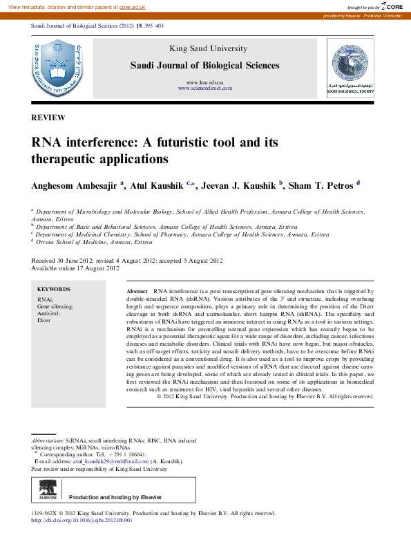 (PDF) RNA interference: A futuristic tool and its therapeutic applications