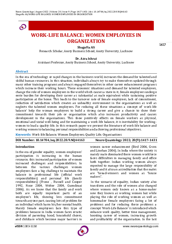 (PDF) WORK-LIFE BALANCE: WOMEN EMPLOYEES IN ORGANIZATION