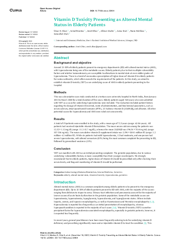 (PDF) Vitamin D Toxicity Presenting as Altered Mental Status in Elderly ...