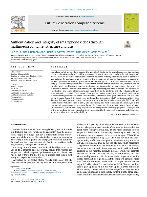 (PDF) Authentication and integrity of smartphone videos through ...