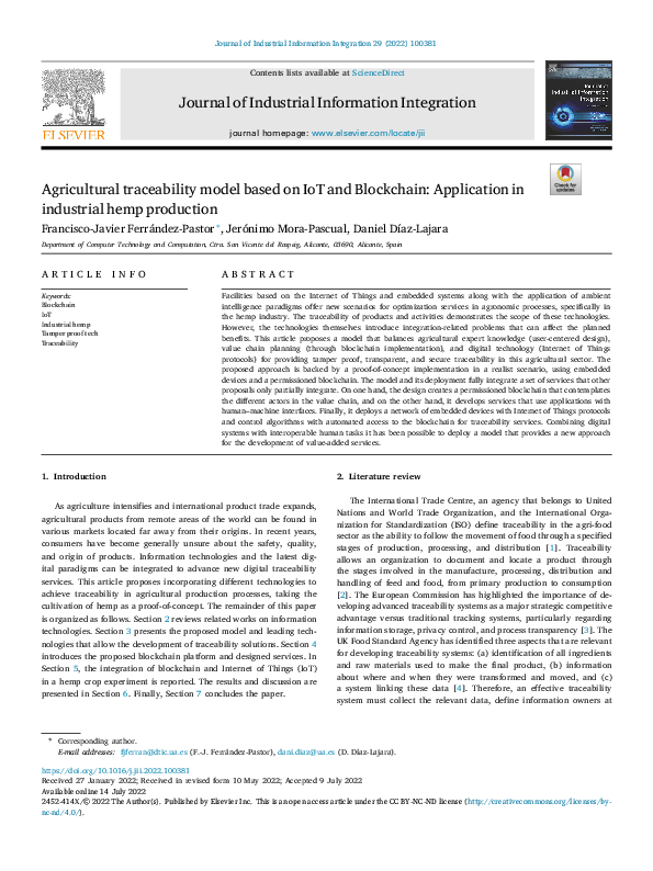 (PDF) Agricultural traceability model based on IoT and Blockchain ...