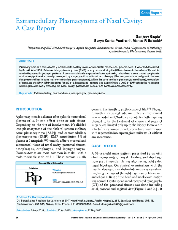 (PDF) Extramedullary Plasmacytoma of Nasal Cavity: A Case Report