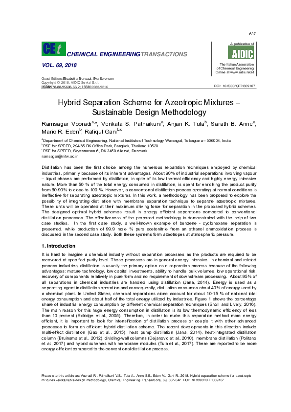 (PDF) Hybrid Separation Scheme for Azeotropic Mixtures –Sustainable ...