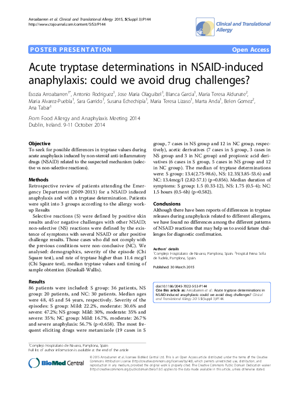 (PDF) Acute tryptase determinations in NSAID‐induced anaphylaxis: could ...