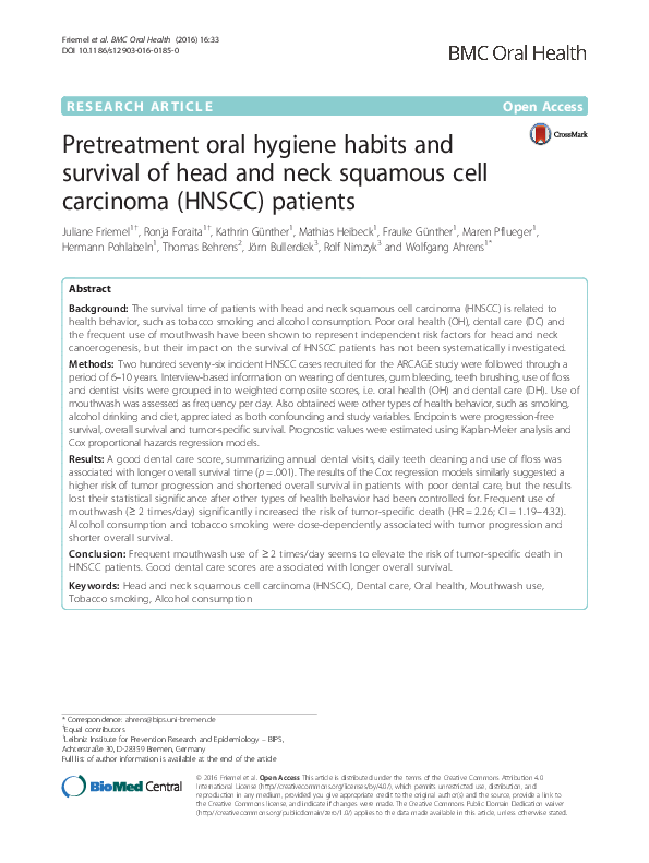 (PDF) Pretreatment oral hygiene habits and survival of head and neck ...