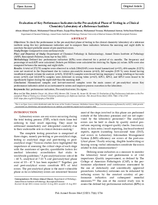 (PDF) Evaluation of Key Performance Indicators in the Pre-analytical ...