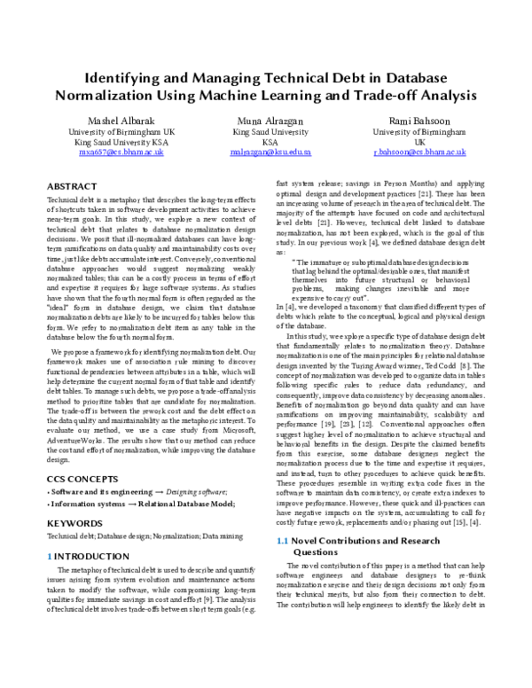 (PDF) Database Normalization Debt: A Debt-Aware Approach to Reason ...