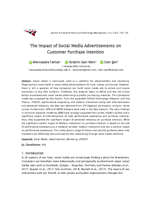 (PDF) The Impact of Social Media Advertisements on Customer Purchase ...