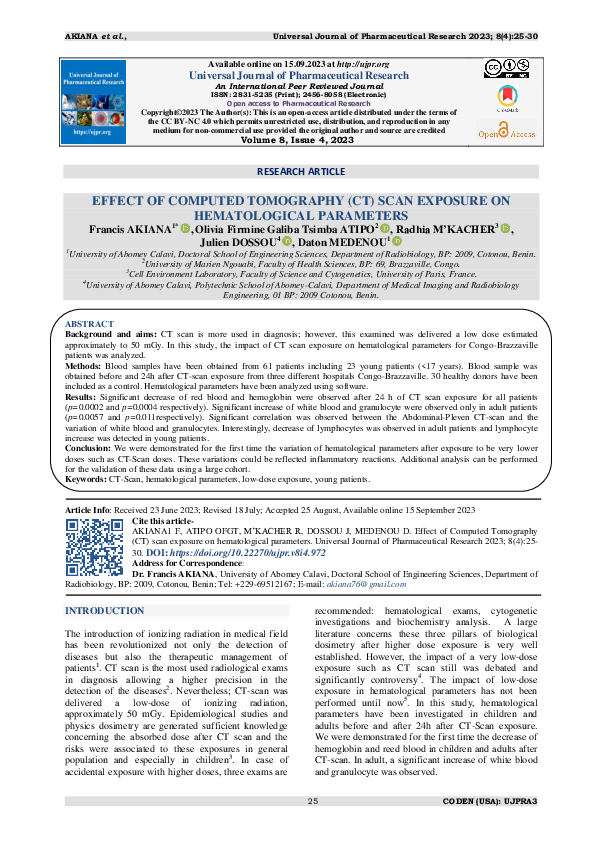 (PDF) Effect of Computed Tomography (CT) Scan Exposure on Hematological ...