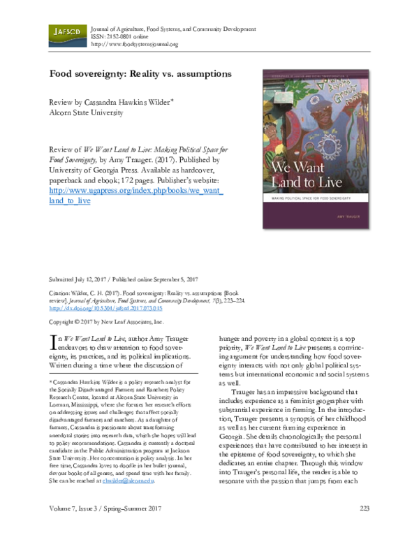 (PDF) Food Sovereignty: Reality vs. Assumptions