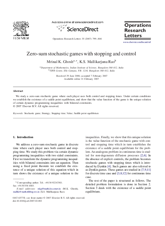 (PDF) Zero-sum stochastic games with stopping and control