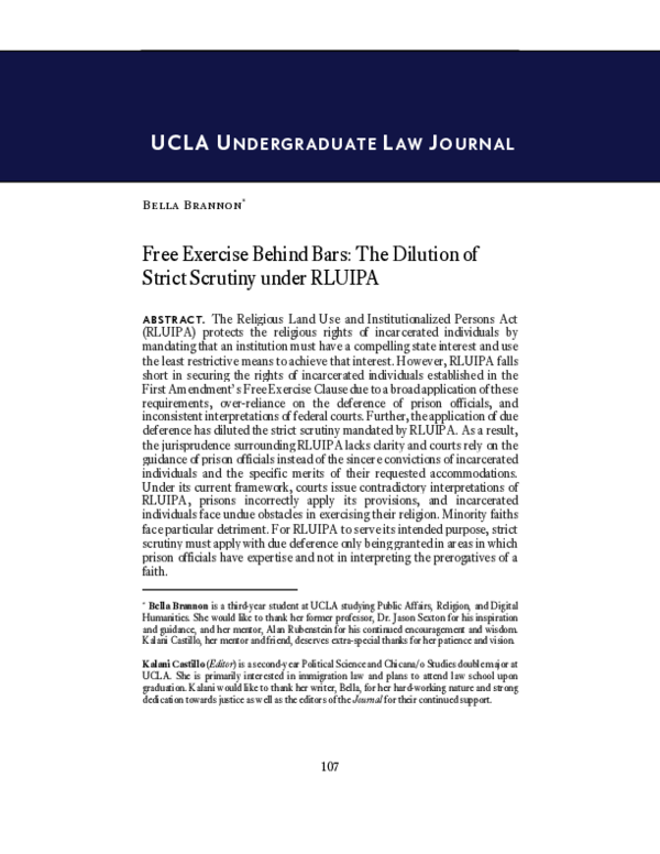 (PDF) Free Exercise Behind Bars: The Dilution of Strict Scrutiny under ...