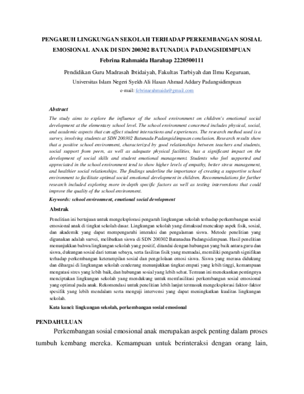 (PDF) PENGARUH LINGKUNGAN SEKOLAH TERHADAP PERKEMBANGAN SOSIAL ...