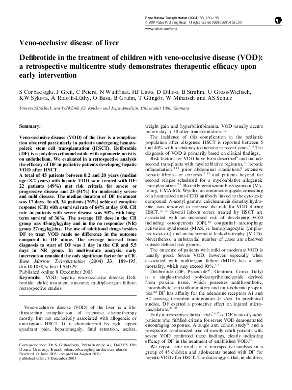 (PDF) Defibrotide in the treatment of children with veno-occlusive ...
