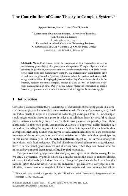 (PDF) The Contribution of Game Theory to Complex Systems