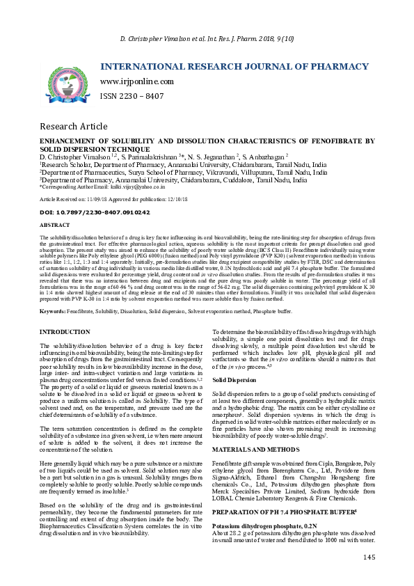 (PDF) Enhancement of Solubility and Dissolution Characteristics of ...
