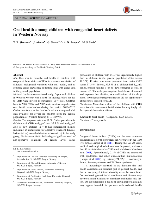 (PDF) Oral health among children with congenital heart defects in ...