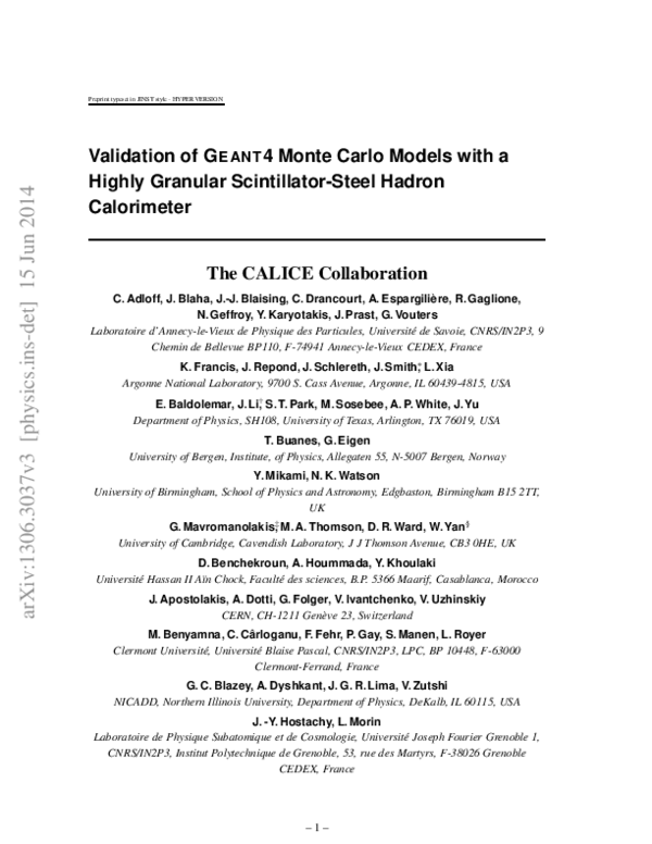 (PDF) Validation of GEANT4 Monte Carlo models with a highly granular ...