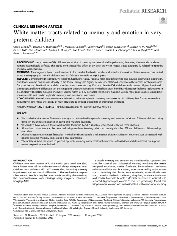 (PDF) White matter tracts related to memory and emotion in very preterm ...