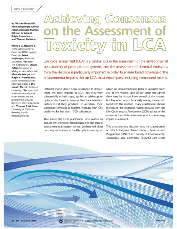 (PDF) Achieving Consensus on the Assessment of Toxicity in LCA