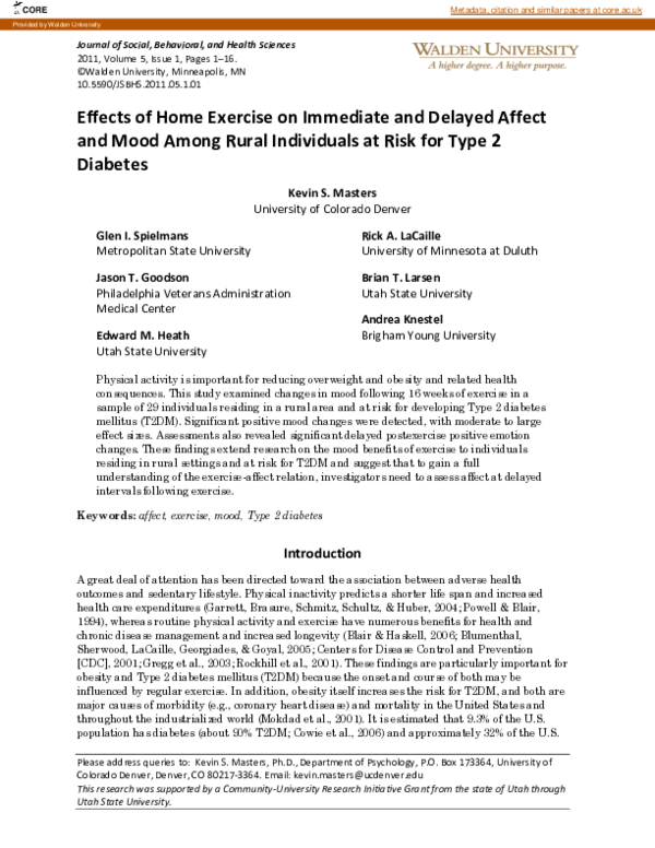 Effects of home exercise on immediate and delayed affect and mood among rural individuals at risk for type 2 diabetes mellitus