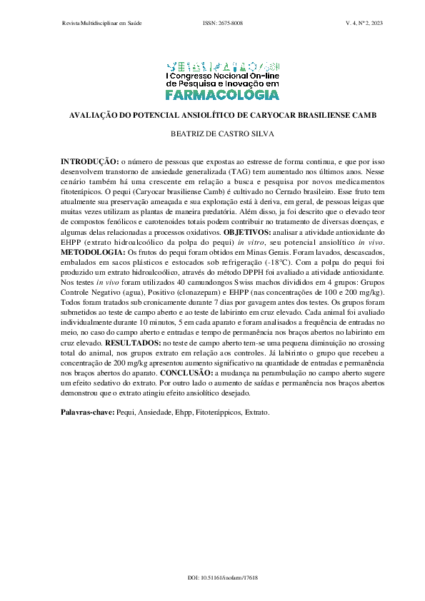 (PDF) Avaliação Do Potencial Ansiolítico De Caryocar Brasiliense Camb