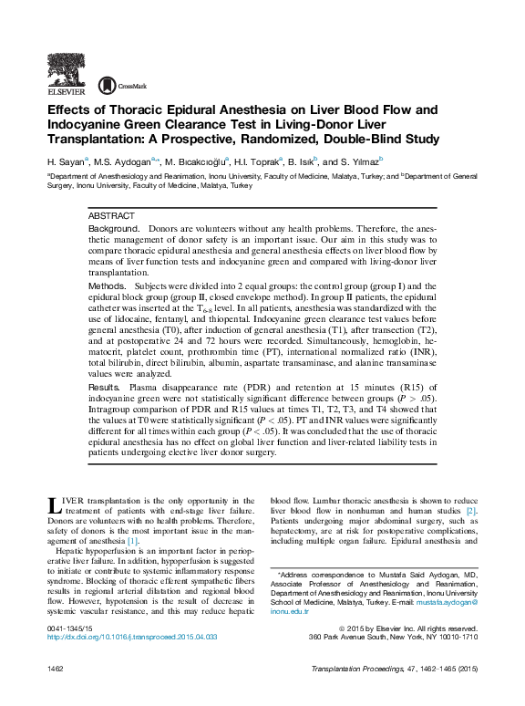 (PDF) Effects of Thoracic Epidural Anesthesia on Liver Blood Flow and ...