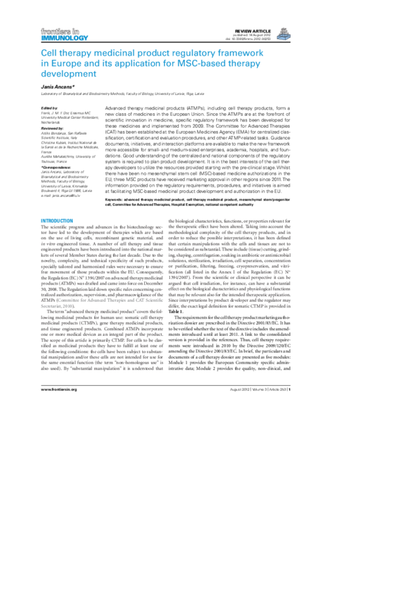 (PDF) Cell therapy medicinal product regulatory framework in Europe and ...