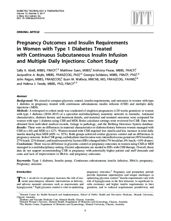 (PDF) Pregnancy Outcomes and Insulin Requirements in Women with Type 1 ...