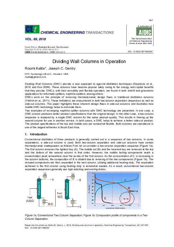 (PDF) Dividing Wall Columns in Operation