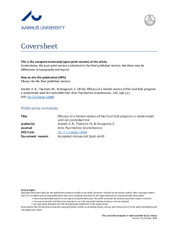Efficacy of a Danish version of the Cool Kids program: a randomized wait-list controlled trial