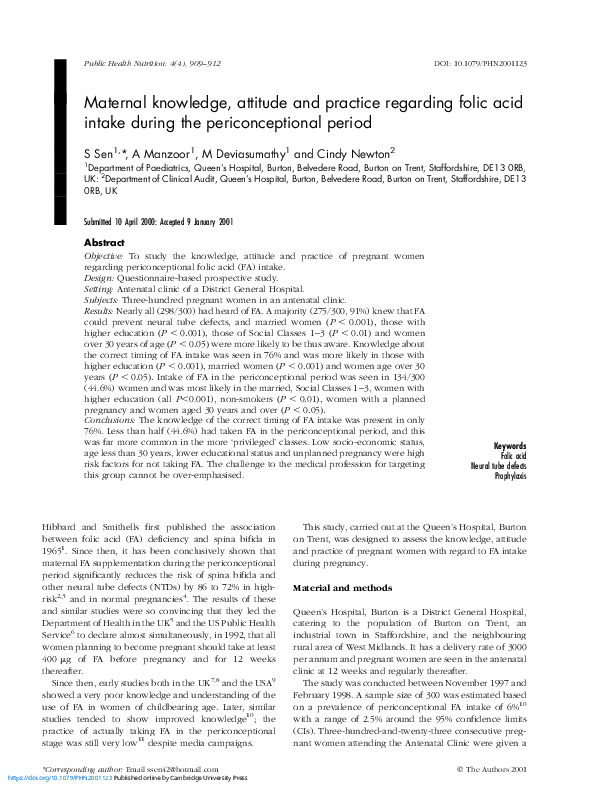 (PDF) Maternal knowledge, attitude and practice regarding folic acid ...