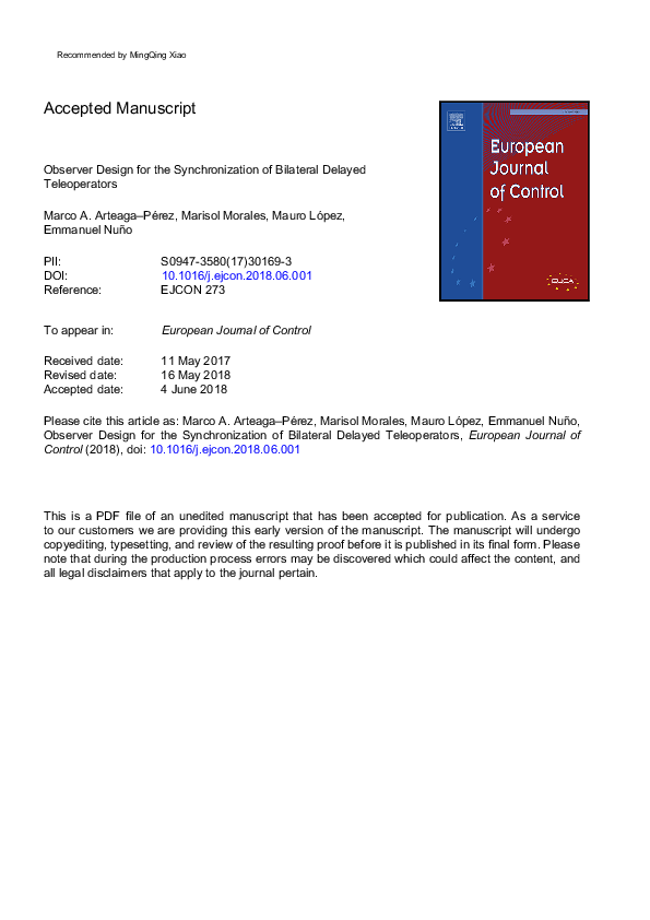 (PDF) Observer design for the synchronization of bilateral delayed ...
