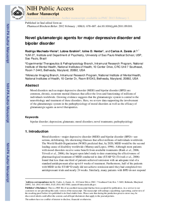 (PDF) Novel glutamatergic agents for major depressive disorder and ...